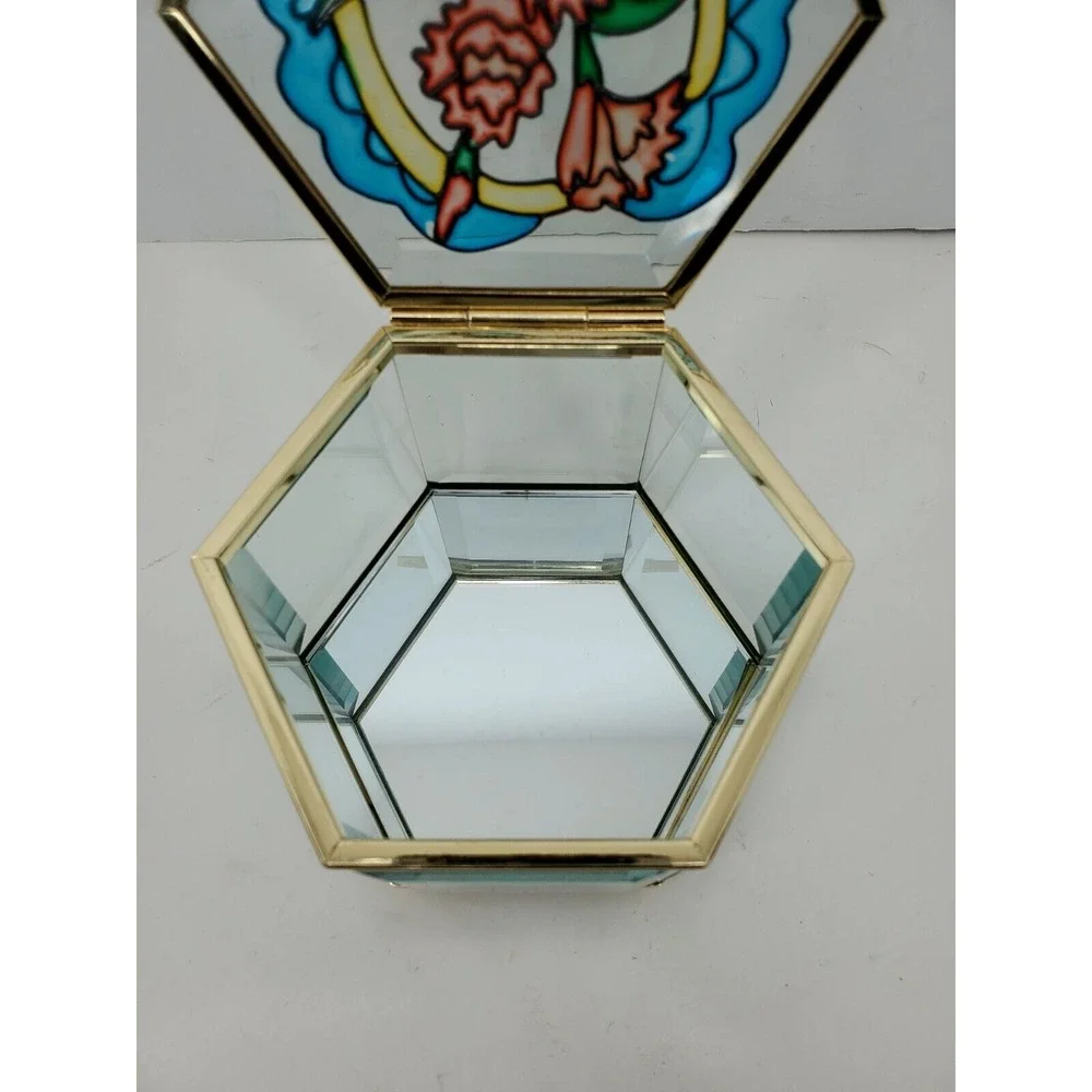 Vtg Hexagon Floral Brass Trinket Jewelry Box Stained Glass Mirrored Pink‎ & Blue